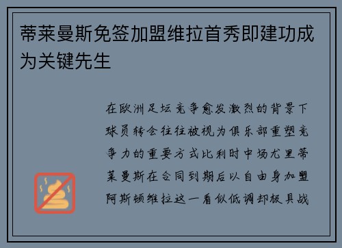 蒂莱曼斯免签加盟维拉首秀即建功成为关键先生 蒂莱曼斯免签加盟维拉首秀即建功成为关键先生